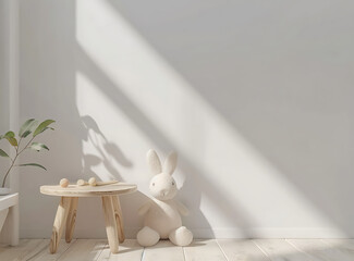 White rabbit toy sits on wooden table in sunlit room.