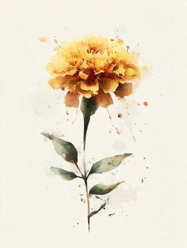 Watercolor Painting Of a Marigold Flower on a White Background, Birth Flower Art With Hand-Painted Effect, October Flower