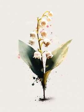 Watercolor Painting Of a Lily Of The Valley Flower on a White Background, Birth Flower Art With Hand-Painted Effect, May Flower