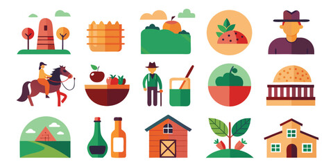 Flat design icons of rural farm life and harvest including buildings people and food barn house