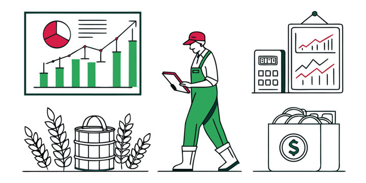 Farmer with financial charts agriculture market trend illustrations, including price charts, commodity trading screens, farm product auctions, and export containers, agriculture finance vectors