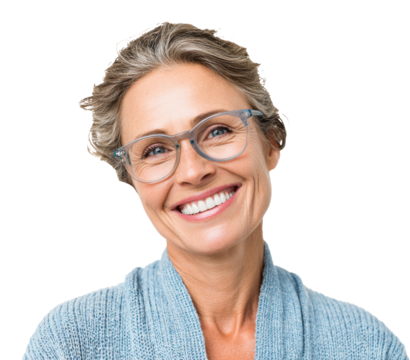 A cheerful mature woman wears fashionable glasses and a cozy sweater. Cut out PNG