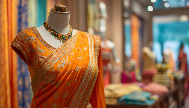Luxury boutique orange Indian saree dress on mannequn. Festive Bollywood clothng, stylish party outfit. raditional silk, chiffon atire in fashion store, baner. Handloom saree salon iterior.
