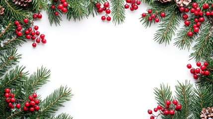 Festive Christmas Frame with Pine Branches, Red Berries, and Pinecones