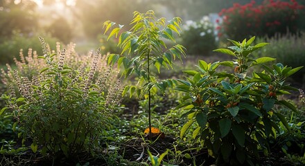 Ayurvedic medicinal plants Tulsi, Neem and Ashwagandha growing fresh in lush green garden with morning sunlight – AI generated