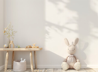 A minimalist nursery corner with a wooden bench, a stuffed bunny, and natural light casting shadows on the wall.