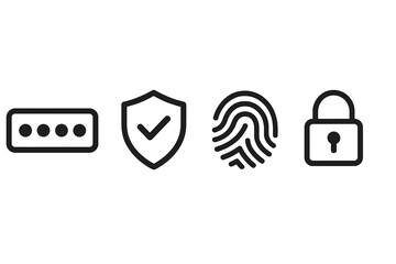 Digital security and authentication icons: password, fingerprint, shield, padlock for privacy and access control