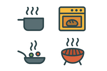 Culinary icons: pot, oven, frying pan, grill, steam, heat