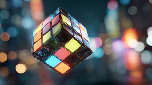 Illuminated cube puzzle hovers in a blurred city background