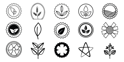 Collection of black and white botanical and eco friendly icons and symbols leaf plant