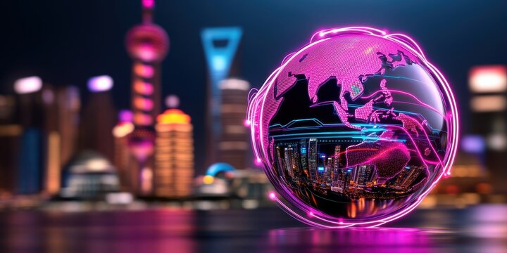 A futuristic digital globe glows brightly, reflecting a vibrant cityscape at night, symbolizing global connectivity and technological advancement