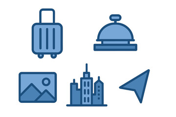 Travel and city icons: suitcase, hotel bell, cityscape, photo, navigation arrow