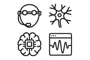 Neuroscience and brain function icons: neural network, brain chip, EEG waveform, and data analysis
