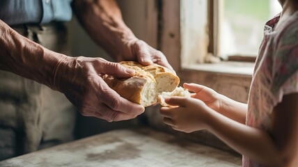 Elderly hands sharing bread with a child, symbolizing generosity, compassion, and the spirit of giving.