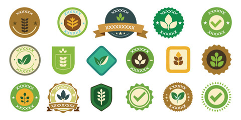 Collection of fifteen circular and shield shaped badges with plant and checkmark motifs emblem including certified organic seals, fair trade logos illustration vectors.