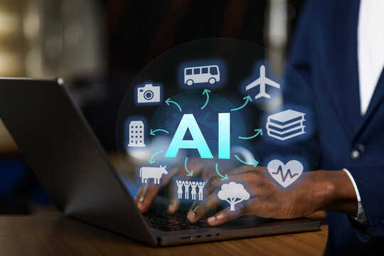 African Businessman using laptop to research on AI powering various sectors: travel, agriculture, healthcare, education, technology.