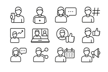 Social Media Icons. Outline icon set of people using social media for business: smartphone, laptop, chat