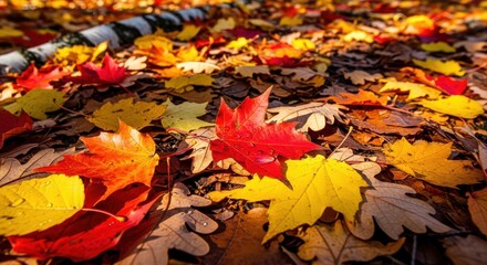Ground View of Vibrant Autumn Leaves with Water Droplets and Sunlight