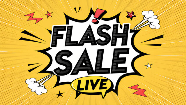 Flash sale poster design with bold black text 'FLASH SALE LIVE' on bright yellow background, comic book style explosion behind text, energetic design, exclamation mark, bold fonts, retail promotion" 