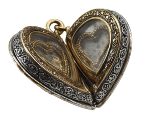 Vintage heart shaped locket with intricate detailing and glass inserts. Cut out PNG