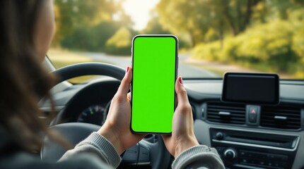 Driver holding smartphone mockup in car on a road trip