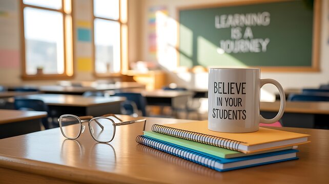 Teacher’s desk with glasses, notebooks, and coffee mug “Believe in Your Students,” symbolizing encouragement and classroom values.
