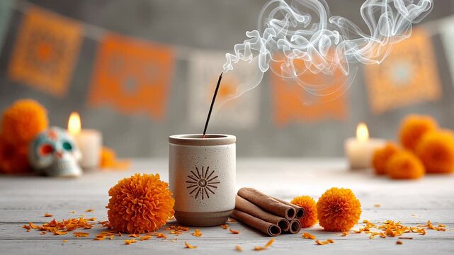 A festive Day of the Dead altar with marigold flowers, incense smoke, cinnamon sticks, and papel picado decorations. Candles illuminate the scene.