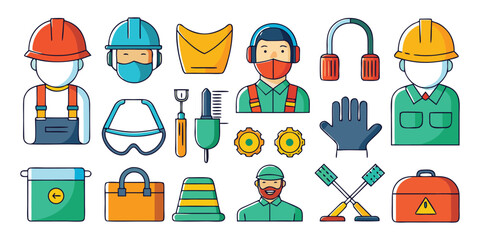 Collection of farm safety and protective gear illustrations, including helmets, gloves, masks, safety signs, icons, equipment in flat design style hard hat goggles