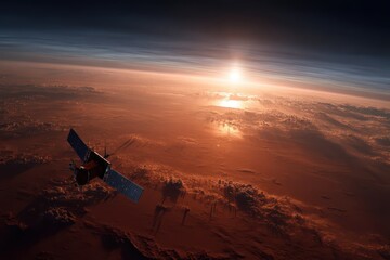 Exploration from Mars orbit showcasing solar panels and stunning Martian sunrise over distant horizons