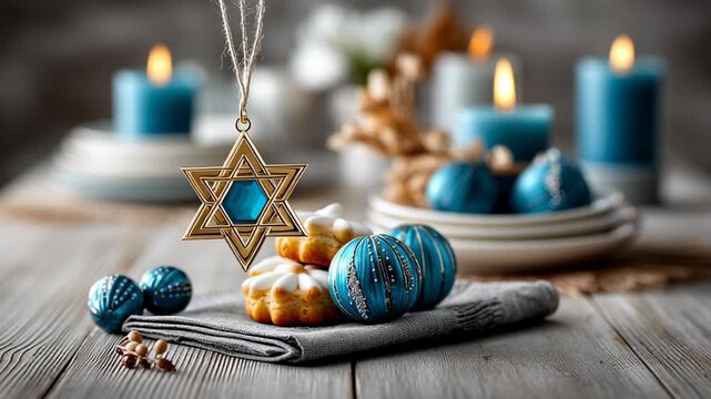 A decorative Star of David pendant hangs above a table with blue candles, colorful ornaments, and traditional Hanukkah foods like latkes and sufganiyot.