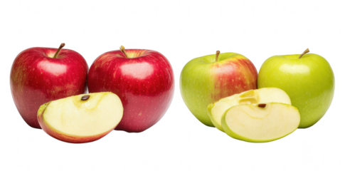 set of red and green apples with cut pieces, jpeg, png, transparent
