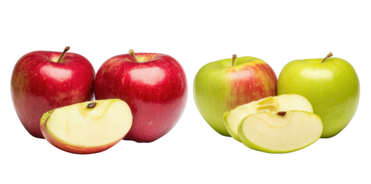 set of red and green apples with cut pieces, jpeg, png, transparent