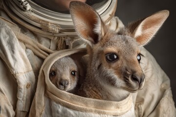 Space adventure features astronaut with baby kangaroo joey in pouch against the backdrop of vast cosmic wonders