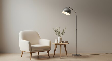 Modern living room with a white armchair, side table, and floor lamp interior furniture
