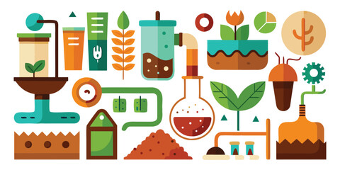 Flat design illustration of scientific experiment equipment and plant growth soil health and fertility, compost piles, earthworms, nutrient cyc elements science