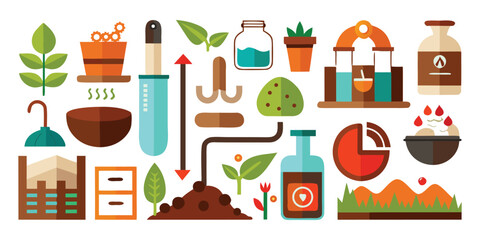 Flat design icons of gardening and science equipment and fertility illustrations, including compost piles, earthworms, soil pH meters, nutrient cycles, with plants and soil laboratory
