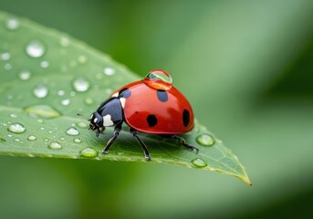 Fototapeta premium Ladybug resting on a green leaf in nature