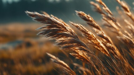 Golden grass swaying in the breeze under soft sunlight. The scene captures a tranquil natural landscape with a blurred background of trees.