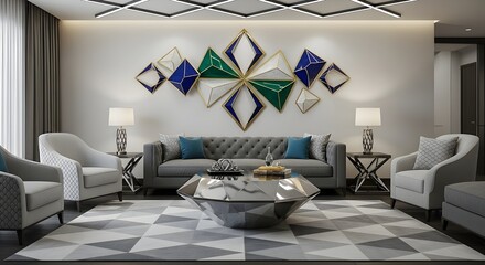 A modern living room with geometric wall art, gray furniture, and a diamond shaped coffee table