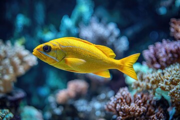 Vibrant yellow fish swims amidst coral reef