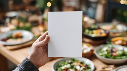 A hand holds a blank white sheet of paper in front of a table set with various dishes and salads. The setting is warm and inviting, ideal for gatherings.