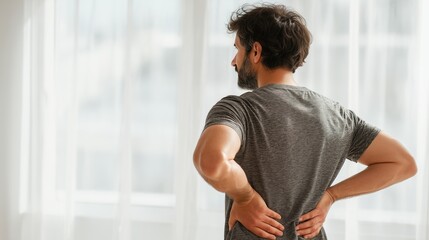 A young Caucasian man with dark hair stands with his back to the camera, holding his lower back in discomfort. Bright indoor setting with natural light.