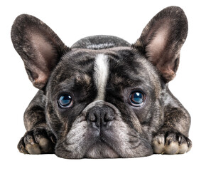 Fototapeta premium Playful French Bulldog resting with big expressive eyes, cut out transparent 