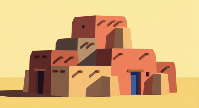A stylized illustration of a pueblo or adobe village with stacked, geometric buildings under a clear, yellow sky.