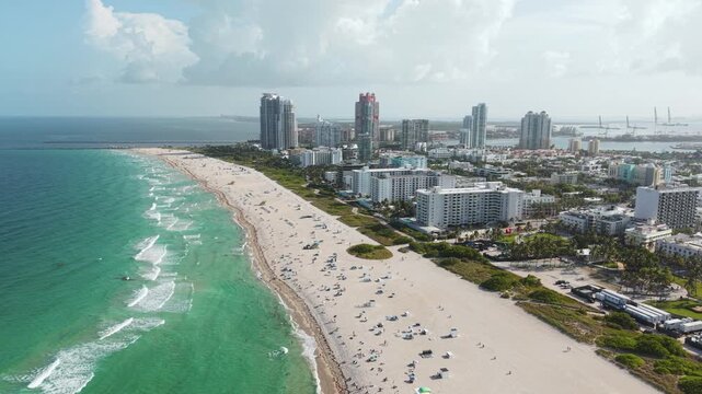 Aerial View of Miami Beach, Florida USA, Ocean Waves, Parks and Buildings