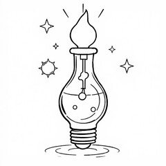 Minimilist illustration of a light bulb shaped potion bottle with liquid and stars in a doodle style drawing vector