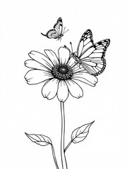 Minimilist two butterflies and a daisy flower with stem and leaves in a black and white line drawing style image vector