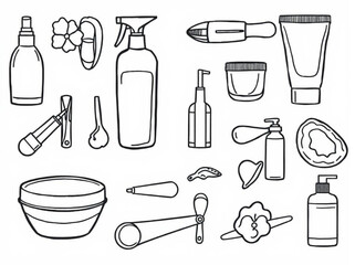 Fototapeta premium Minimilist outline drawing of various beauty and personal care products arranged on a white background surface vector