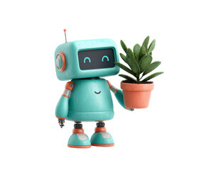 Fototapeta premium Friendly robot holding a potted plant in a cheerful setting, cut out transparent 