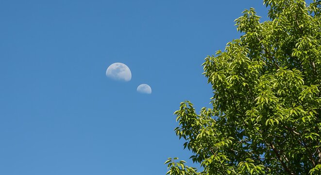 Two moons in a clear blue sky with a green leafy tree branch celestial - Powered by Adobe